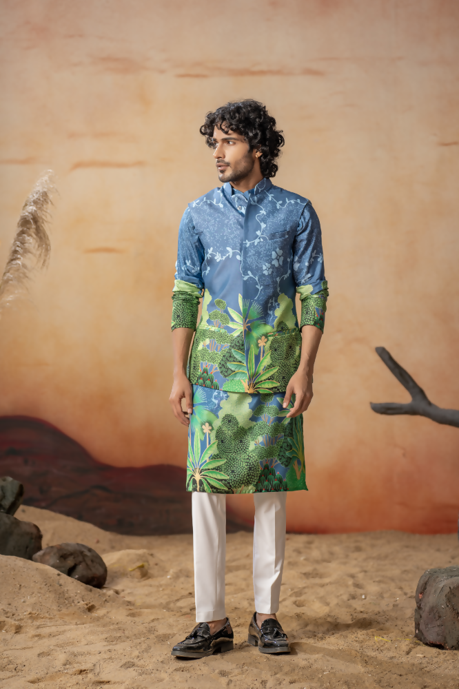 Tree Bark Classy Print Silk Nehrujacket Set by Hilo Design  Grab2Buy Hilo Design Grab2Buy