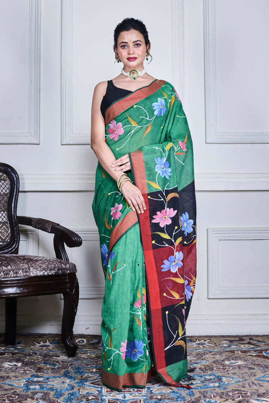 Morchari Multicolour Cotton Handloom Mirror Work Saree Unstitched Blouse