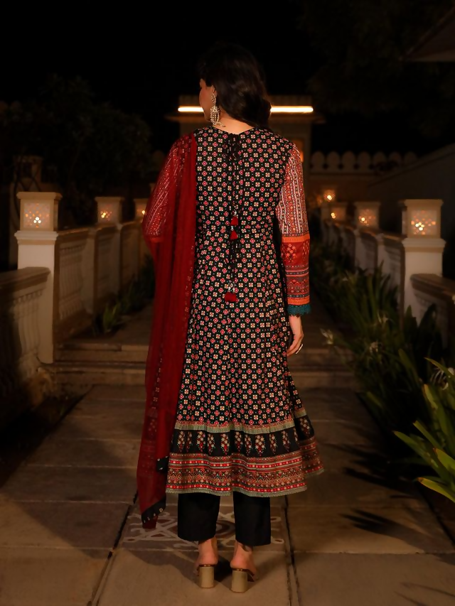 Juniper Women's Black Ethnic Motif Printed Rayon A-lined Kurta Palazzo And Dupatta With Mirror & Thread Work