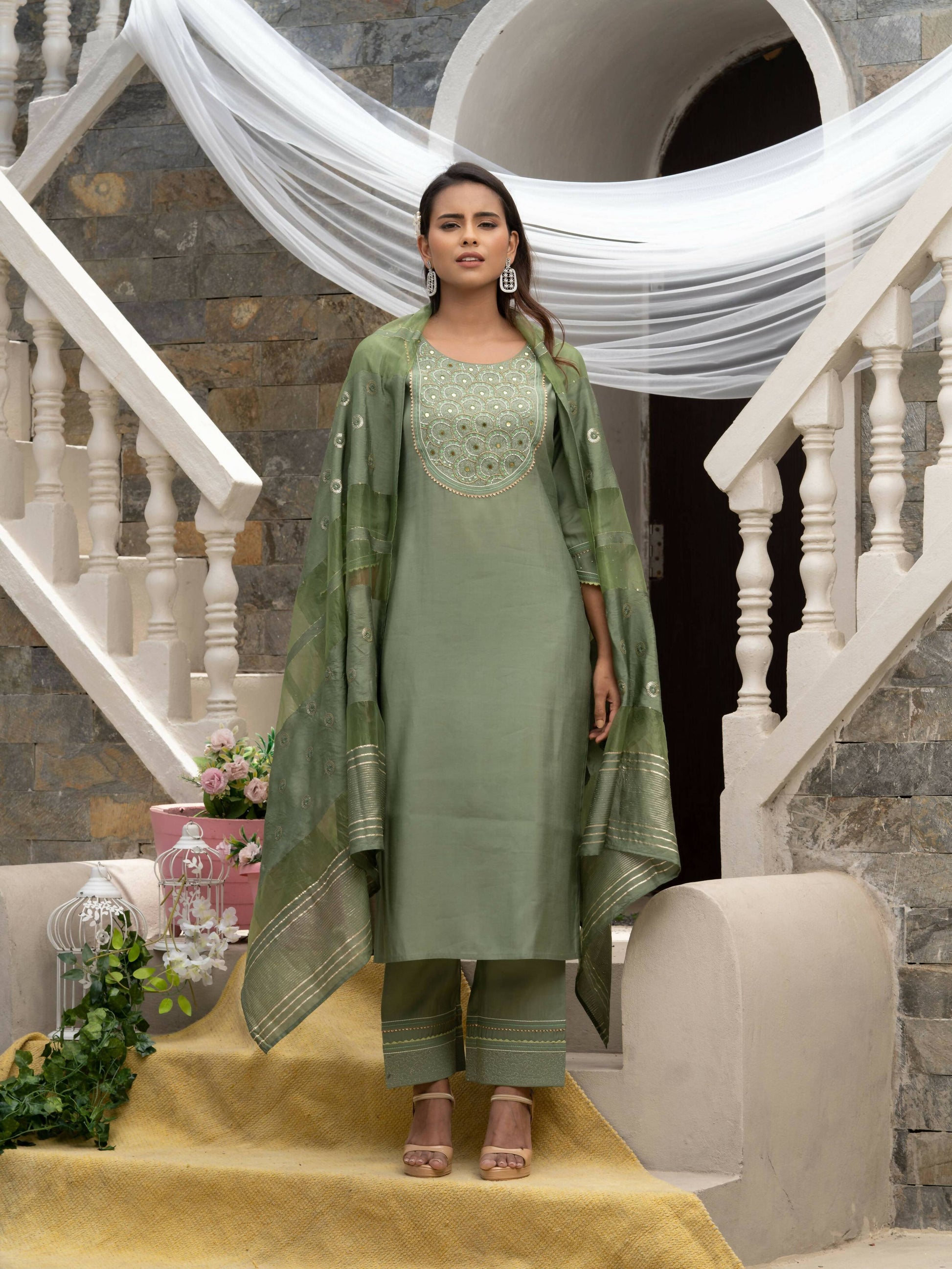 Green Roman Silk Plain Kurta with Pant & Dupatta - Disha