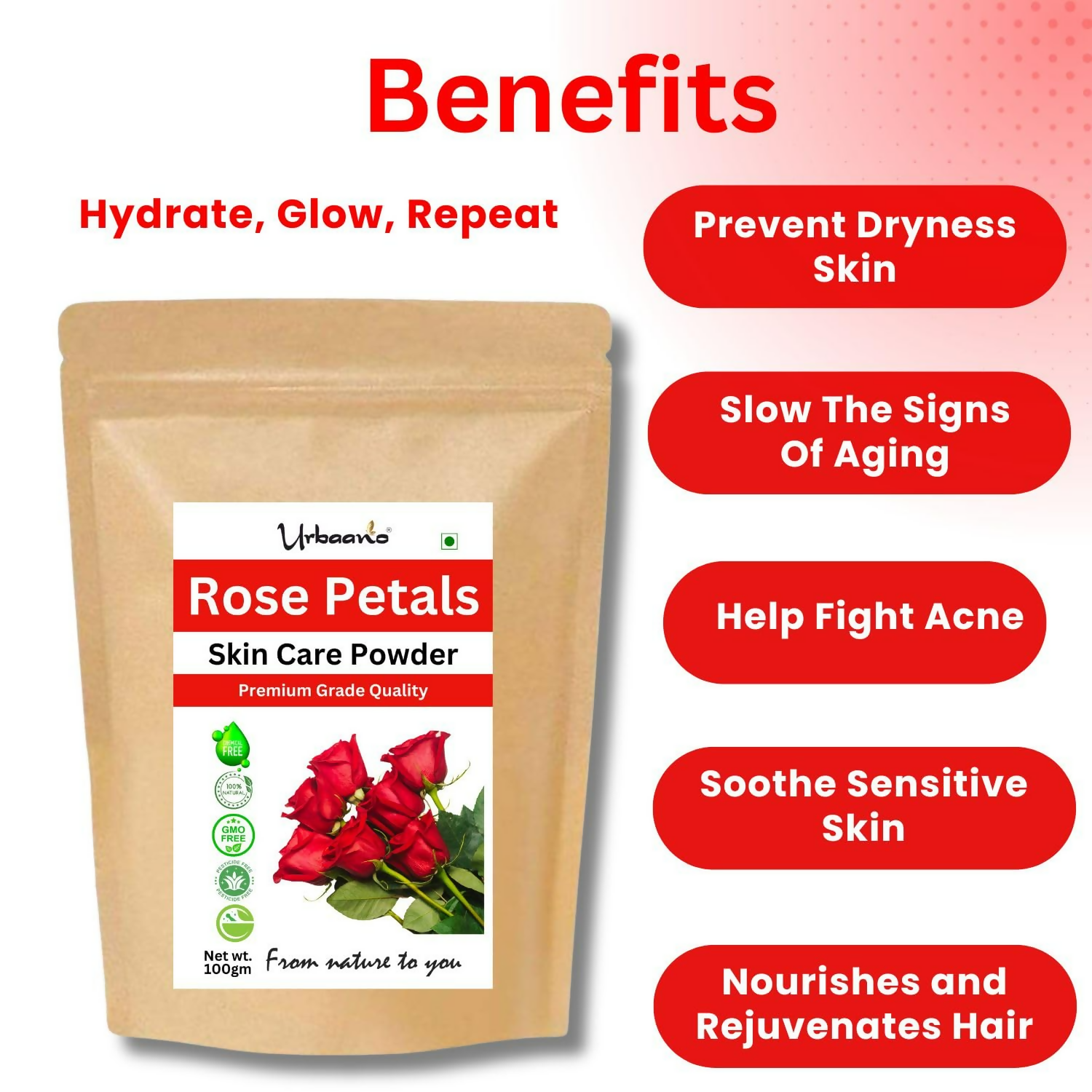 Urbaano Herbal Rose Petal Powder Double Filtered Natural Pure For Skin 