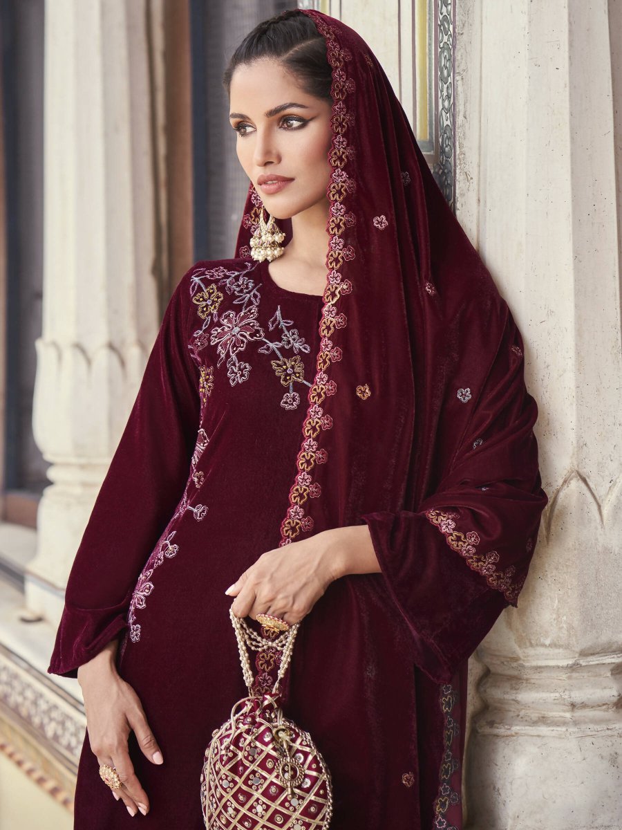 Aastha Fashion Women's Maroon Velvet Resham Thread with Jari & Sequin Kurta with Trouser & Dupatta - Grab2buy