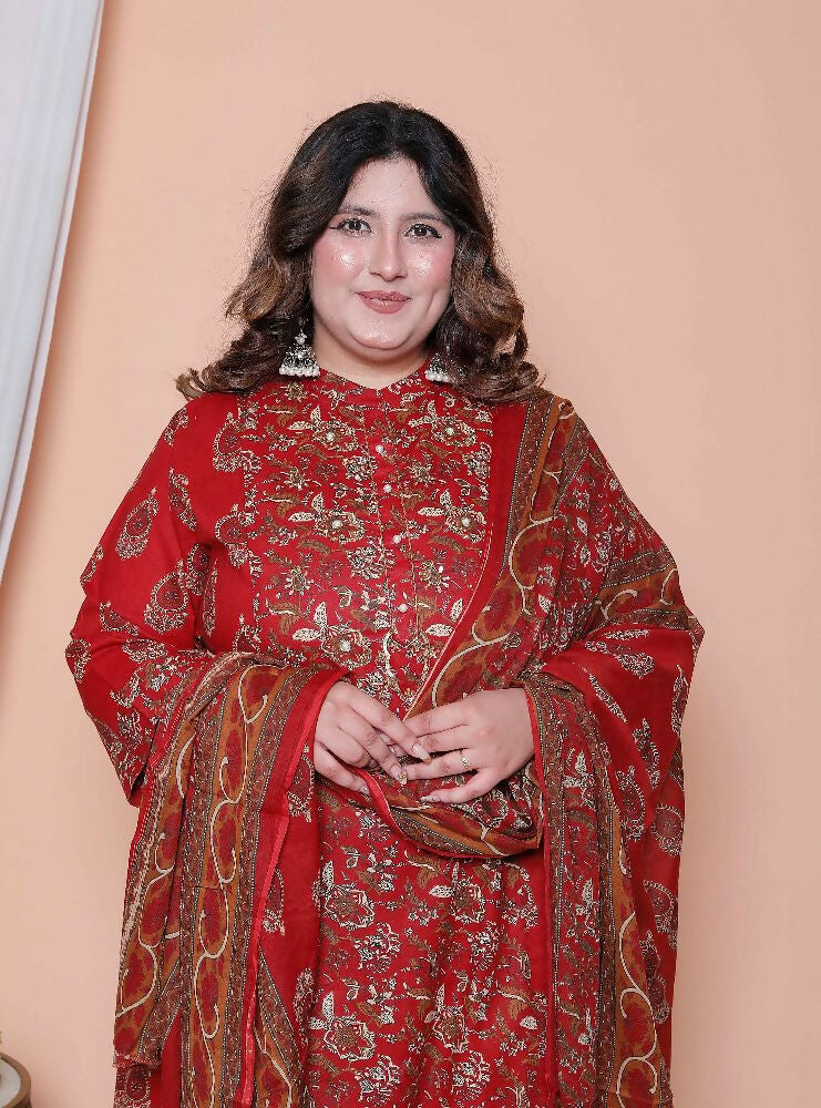 Miravan Women Floral Print Cotton Maroon Stitched Kurta Palazzo With Dupatta Set