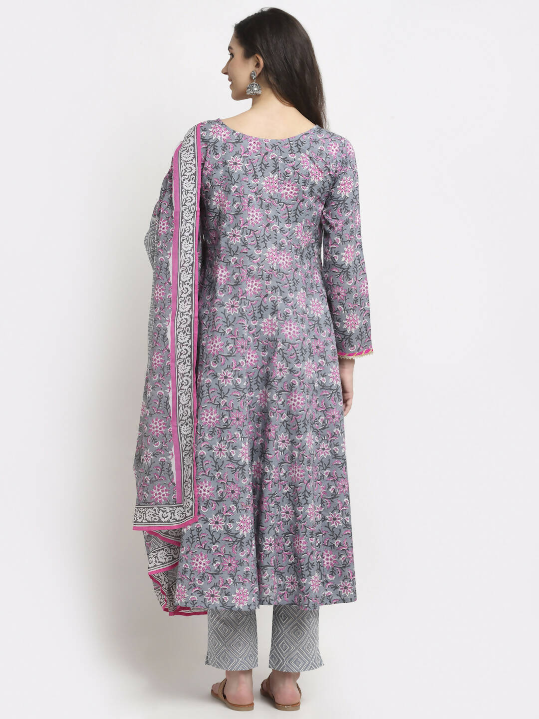 Rudra Bazaar Grey Printed Anarkali Suit Set With Dupatta