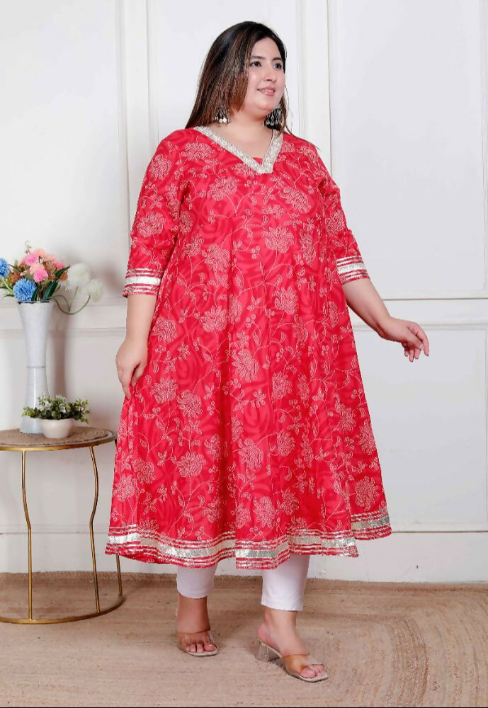 Miravan Plus Size Women'S Red Jaipuri Printed Cotton Ethnic Anarkali Kurta