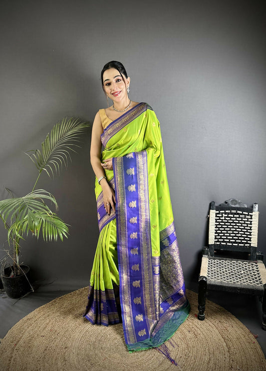 Joban Fashion Parrot Green Banarasi Soft Silk Woven Butti Saree | Swadesiicart
