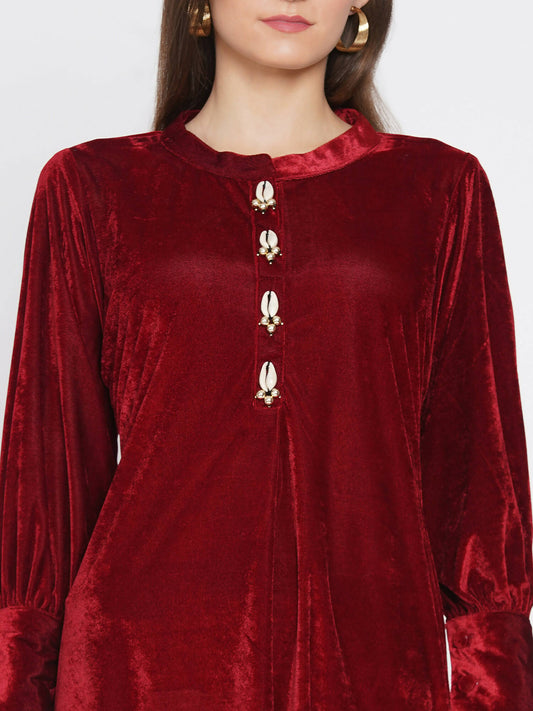 Women Republic Maroon Velvet Cowl Style Kurta With Pants - Grab2buy