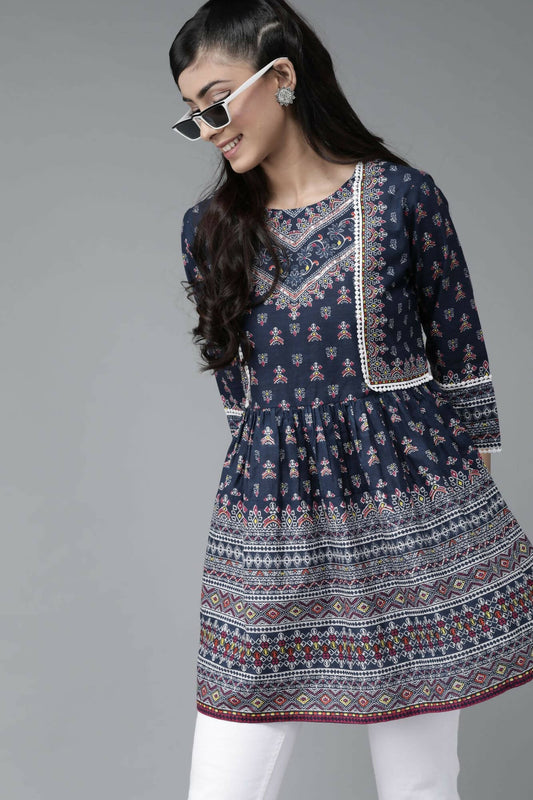 Juniper Women Indigo Cambric Printed A-Line Tunic