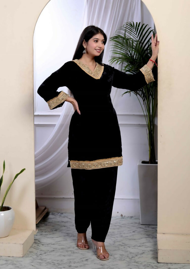 Miravan Women's Black Velvet Dreams Embroidered Co-ord Set 