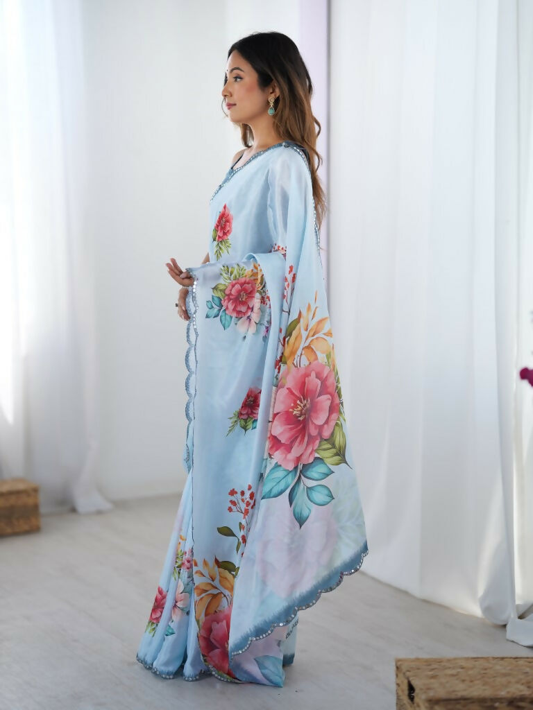 Blue Chinon Designer Digital Printed,Mirror Cut Work Saree - Manvika