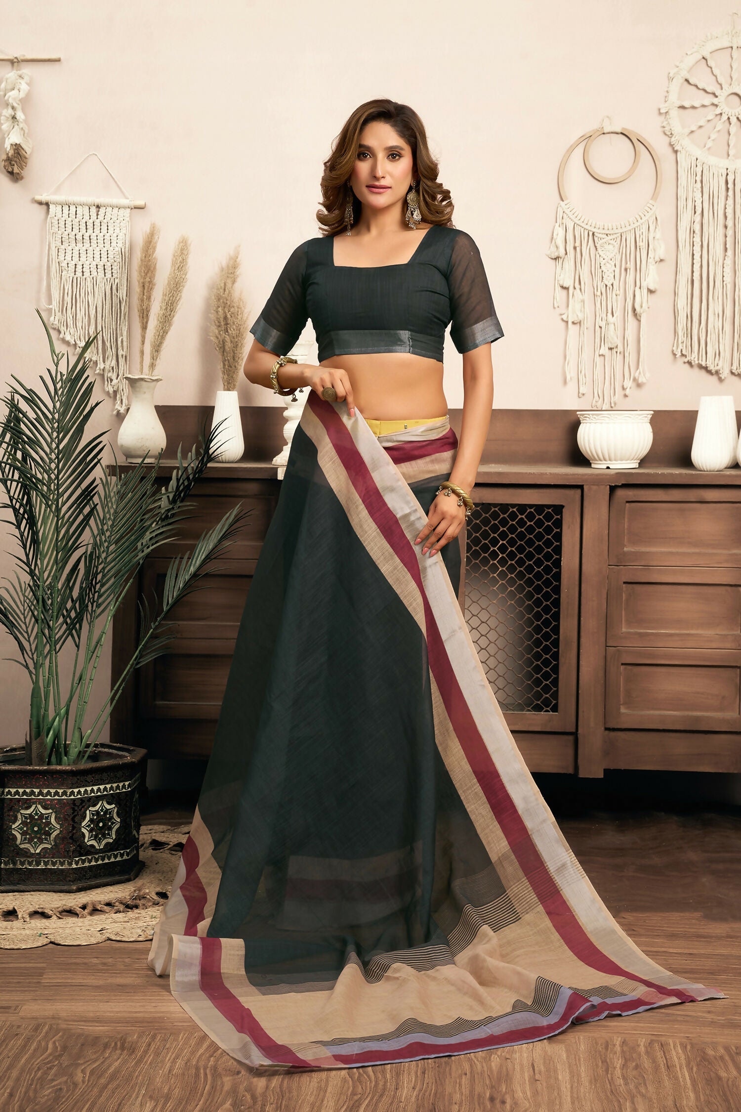 Joban Fashion  Black Solid Linen Ready To Wear Saree With Unstitched Blouse