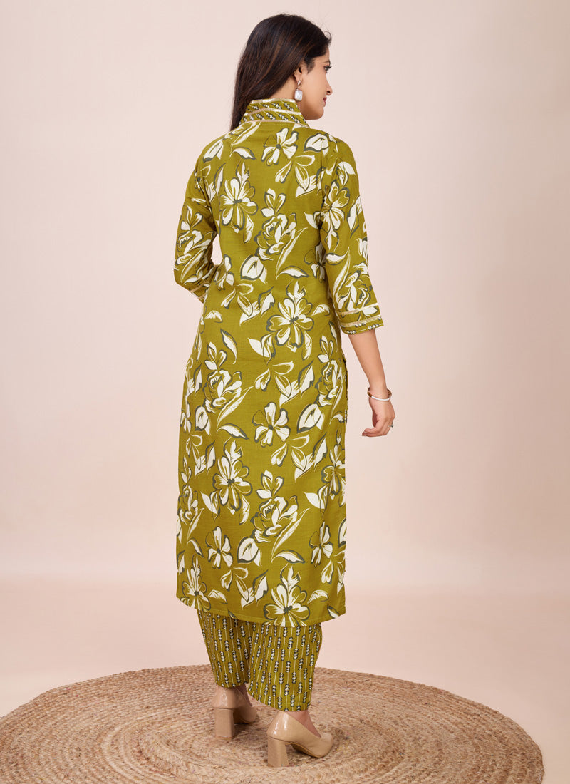 Prazu Fashion Mahendi Printed Cotton Blend Kurta Pant Set