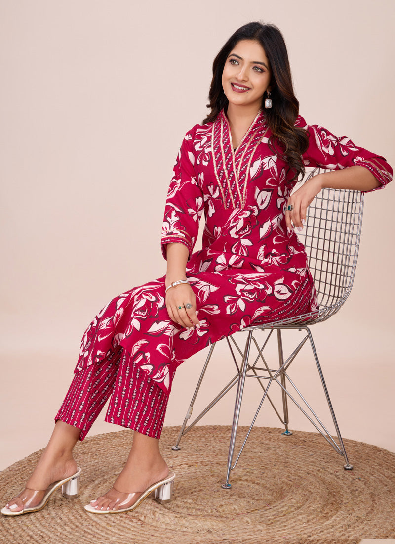 Prazu Fashion Pink Printed Cotton Blend Kurta Pant Set