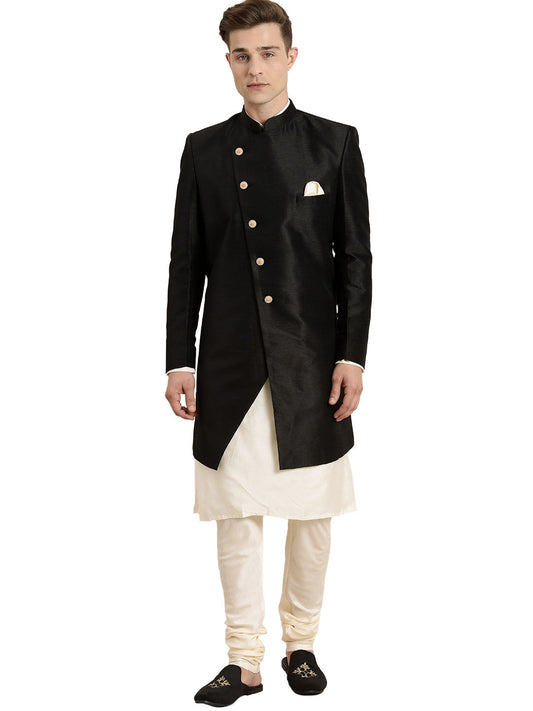 Vastramay Men's Cream And Black Viscose Ethnic Combo Set - Grab2buy