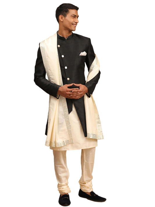 Vastramay Men's Cream And Turquoise Viscose Ethnic Combo Set - Grab2buy