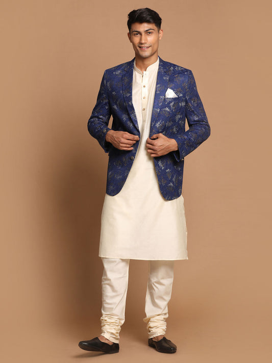 Vastramay Men's Navy Blue And Cream Viscose Ethnic Combo Set - Grab2buy