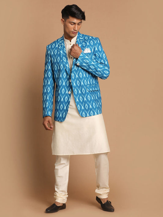 Vastramay Men's Turquoise And Cream Viscose Ethnic Combo Set - Grab2buy