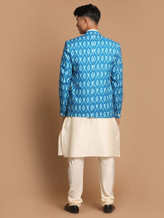 Vastramay Men's Turquoise And Cream Viscose Ethnic Combo Set - Grab2buy