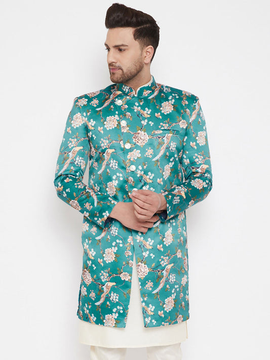 Vastramay Men's Multicolor Base Blue Silk Blend Sherwani Only Top - Grab2buy