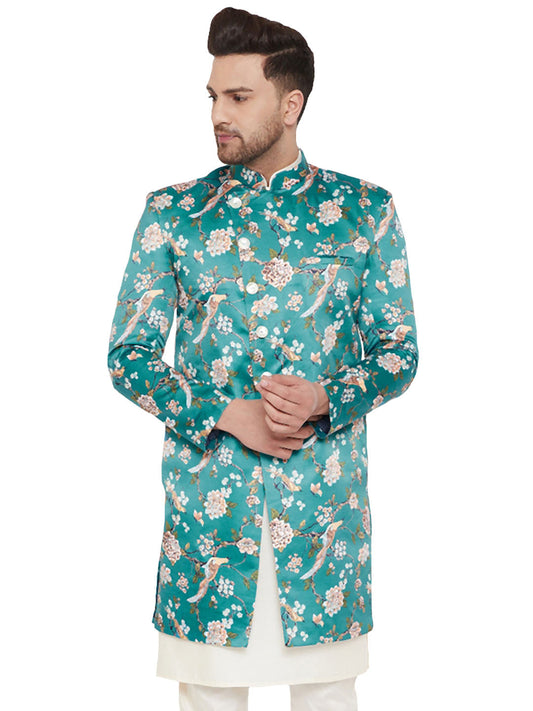 Vastramay Men's Multicolor Base Blue Silk Blend Sherwani Only Top - Grab2buy