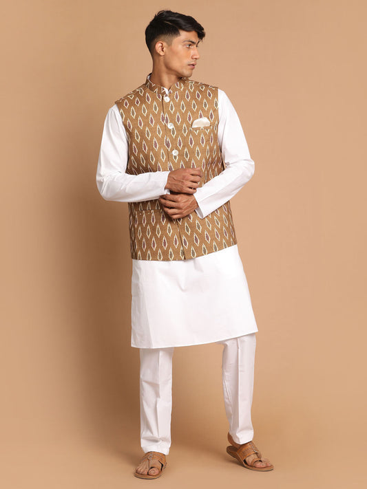 Vastramay Men's Green And White Pure Cotton Jacket, Kurta And Pyjama Set - Grab2buy