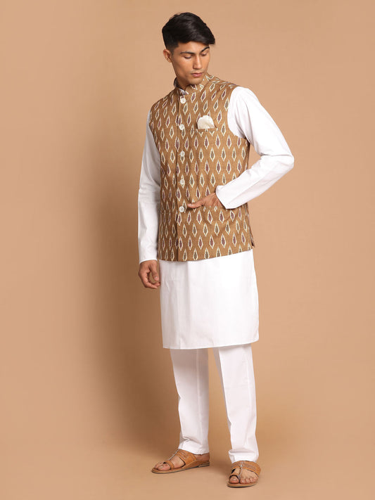 Vastramay Men's Green And White Pure Cotton Jacket, Kurta And Pyjama Set - Grab2buy