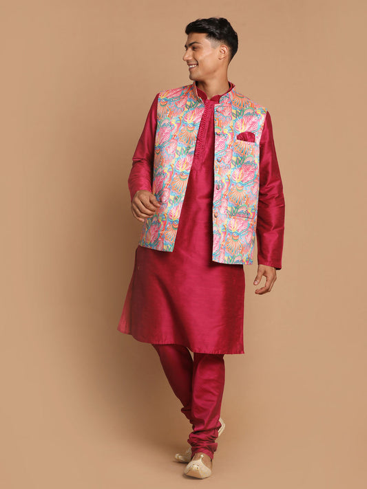 Vastramay Men's Multicolored Poly Viscose Jacket, Kurta And Pyjama Set - Grab2buy