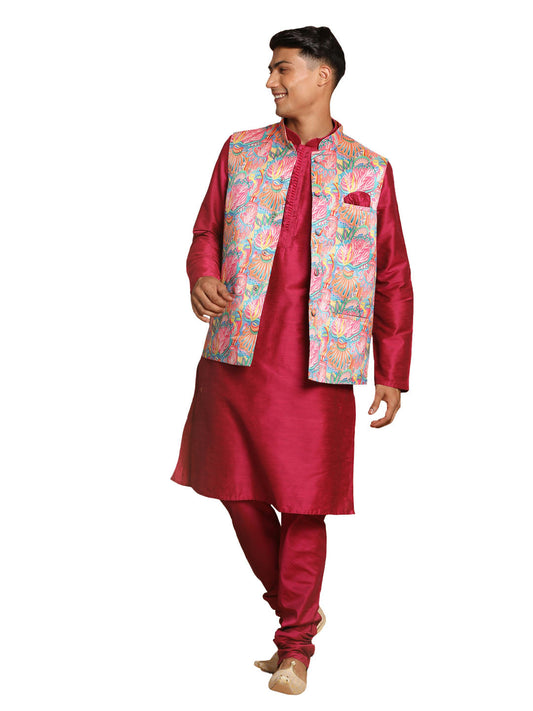 Vastramay Men's Multicolored Poly Viscose Jacket, Kurta And Pyjama Set - Grab2buy