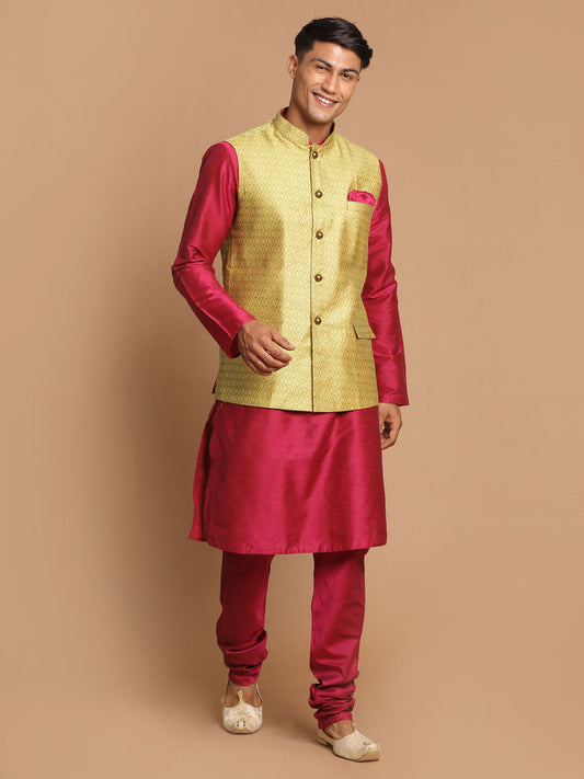 Vastramay Men's Yellow And Pink Viscose Jacket, Kurta And Pyjama Set - Grab2buy