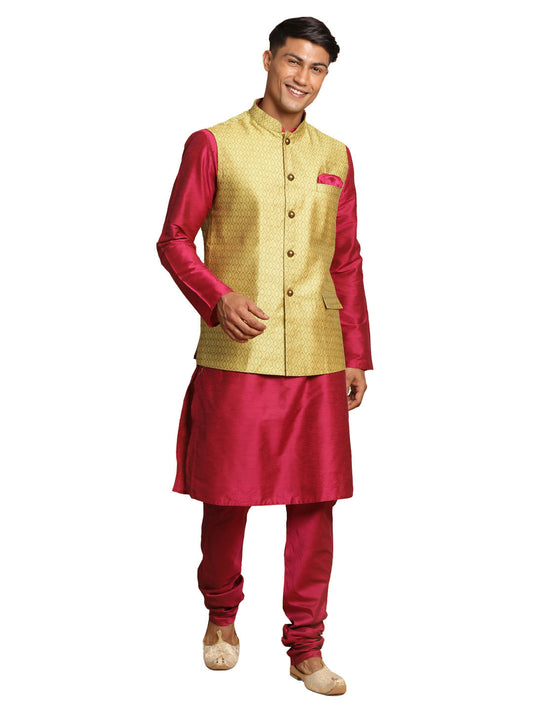 Vastramay Men's Yellow And Pink Viscose Jacket, Kurta And Pyjama Set - Grab2buy