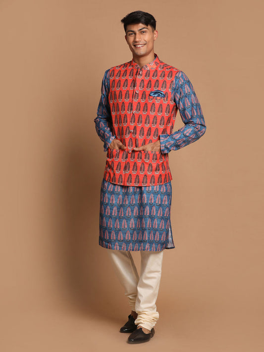 Vastramay Men's Blue Orange And Cream Cotton Blend Jacket, Kurta And Pyjama Set - Grab2buy