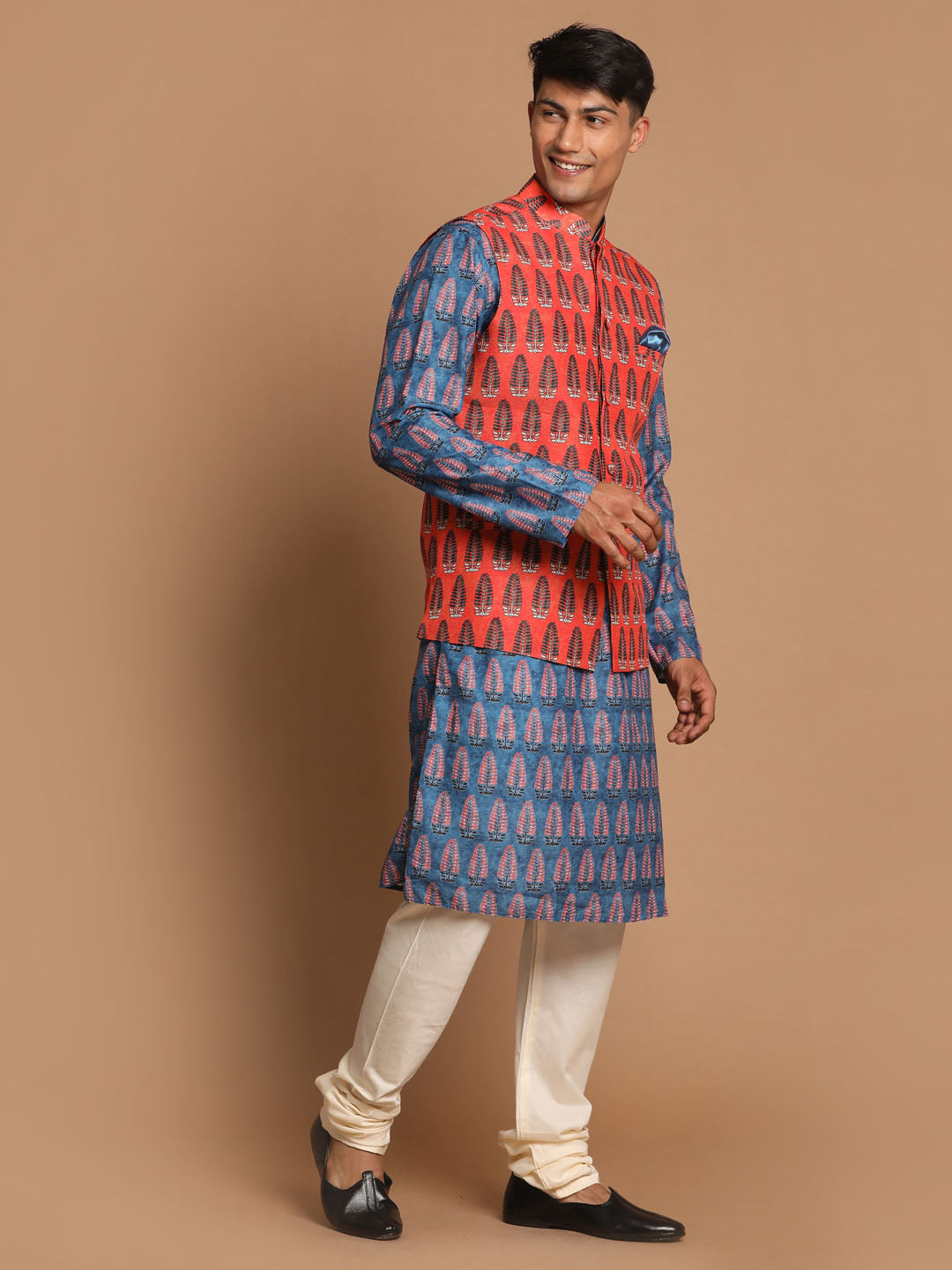 Vastramay Men's Blue Orange And Cream Cotton Blend Jacket, Kurta And Pyjama Set - Grab2buy