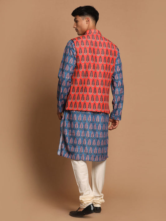 Vastramay Men's Blue Orange And Cream Cotton Blend Jacket, Kurta And Pyjama Set - Grab2buy