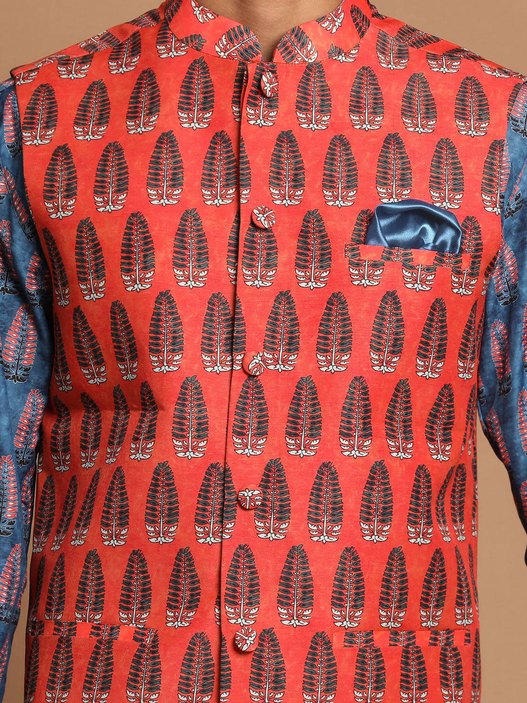 Vastramay Men's Blue Orange And Cream Cotton Blend Jacket, Kurta And Pyjama Set - Grab2buy