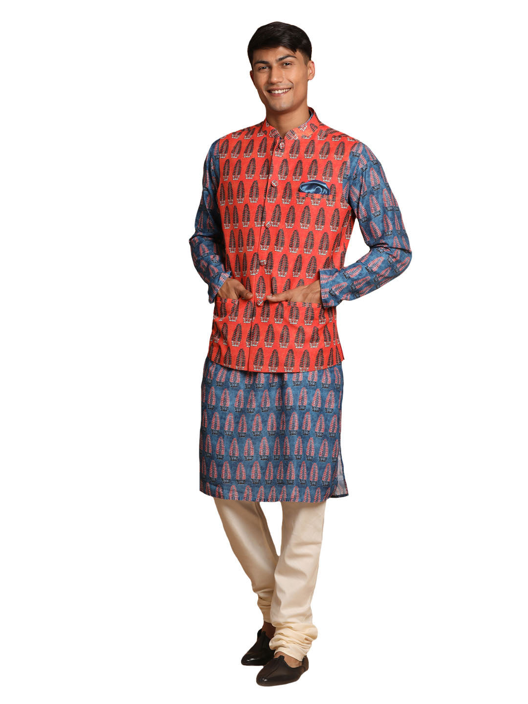 Vastramay Men's Blue Orange And Cream Cotton Blend Jacket, Kurta And Pyjama Set - Grab2buy