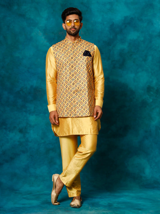Vastramay Men's Mustard Yellow Viscose Jacket, Kurta And Pyjama Set - Grab2buy