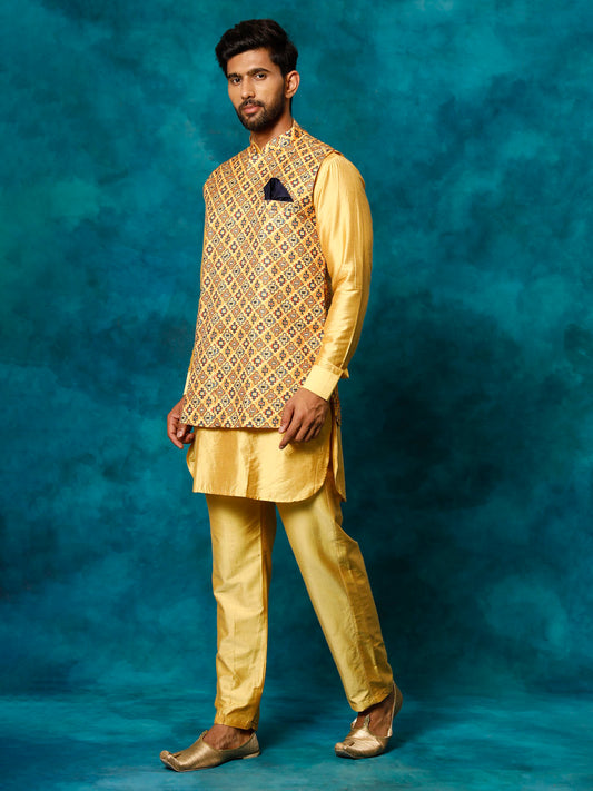 Vastramay Men's Mustard Yellow Viscose Jacket, Kurta And Pyjama Set - Grab2buy