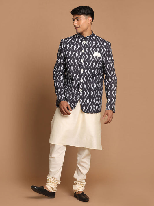Vastramay Men's Black And Cream Viscose Ethnic Combo Set - Grab2buy