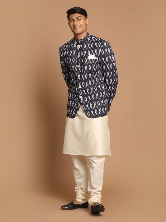 Vastramay Men's Black And Cream Viscose Ethnic Combo Set - Grab2buy