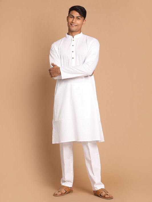 Vastramay Men's White Cotton Blend Kurta Pyjama Set - Grab2buy