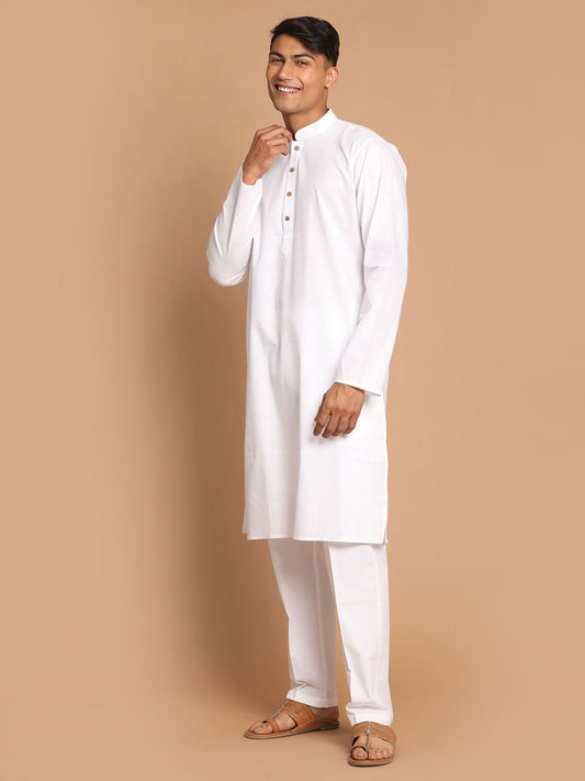 Vastramay Men's White Cotton Blend Kurta Pyjama Set - Grab2buy