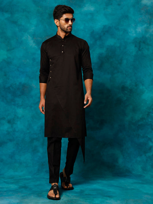 Vastramay Men's Black Cotton Satin Blend Kurta Pyjama Set - Grab2buy