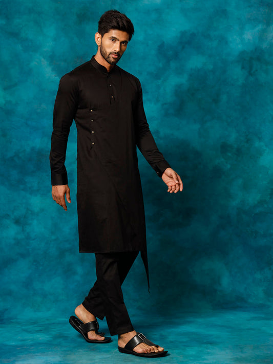 Vastramay Men's Black Cotton Satin Blend Kurta Pyjama Set - Grab2buy