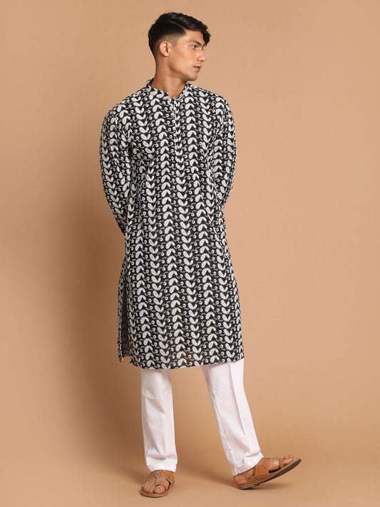 Vastramay Men's Black And White Pure Cotton Kurta Pyjama Set - Grab2buy