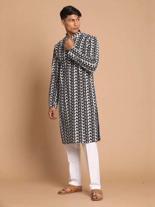 Vastramay Men's Black And White Pure Cotton Kurta Pyjama Set - Grab2buy
