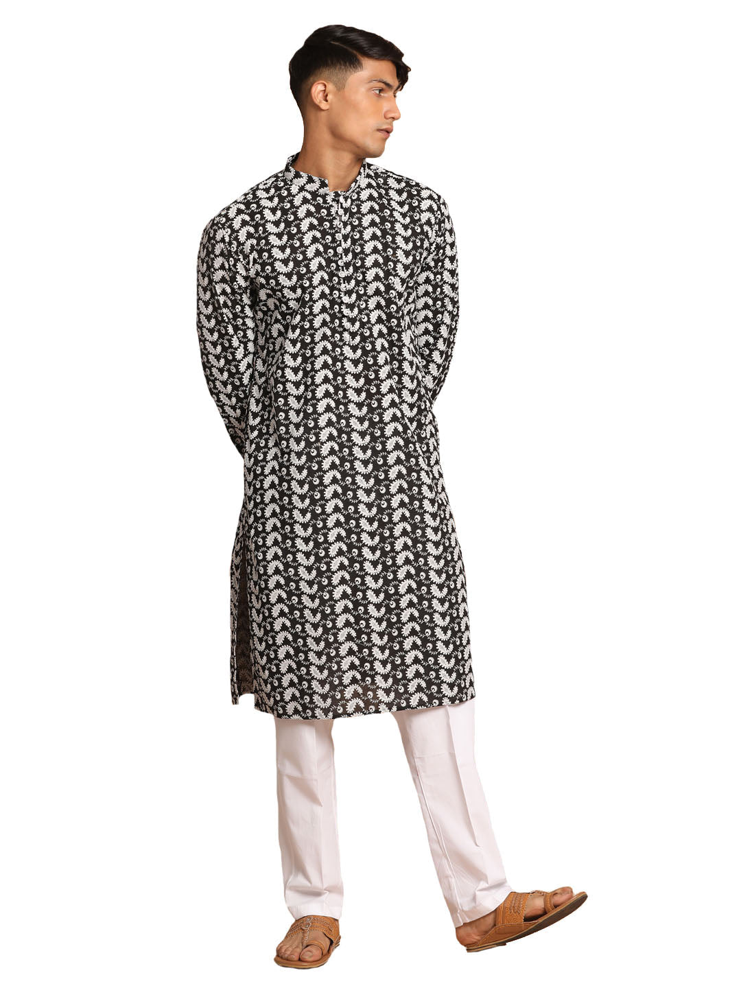 Vastramay Men's Black And White Pure Cotton Kurta Pyjama Set - Grab2buy