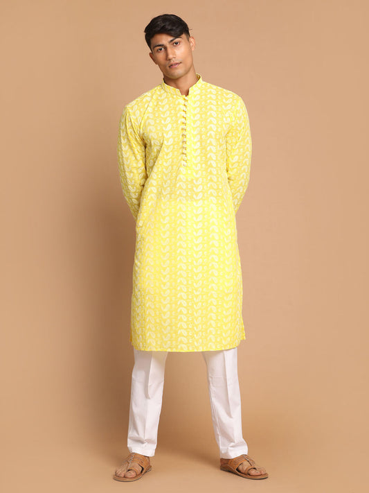 Vastramay Men's Mustard And White Pure Cotton Kurta Pyjama Set - Grab2buy