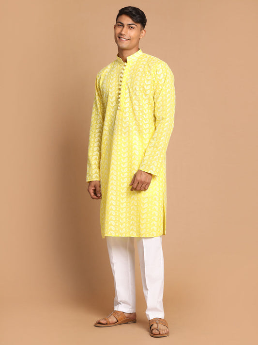 Vastramay Men's Mustard And White Pure Cotton Kurta Pyjama Set - Grab2buy