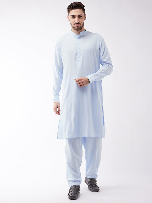 VM by Vastramay Men's Aqua Cotton Blend Kurta And Patiala Set | Grab2Buy