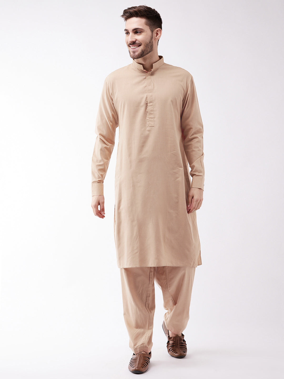 VM by Vastramay Men's Chiku Cotton Blend Kurta And Patiala Set | Grab2Buy